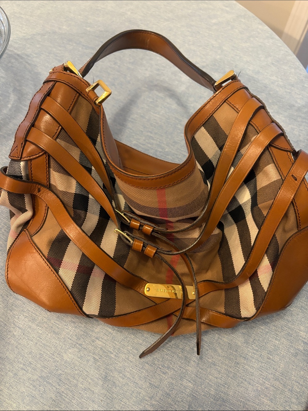 Burberry Brown Leather and Check Shoulder Bag